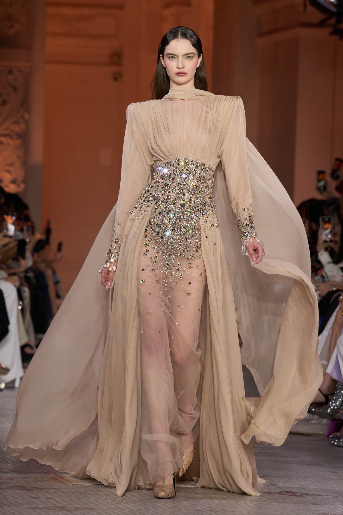 Luxury Champagne Crystal Beaded Fitted Evening Dress with Sheer Cape SS533
