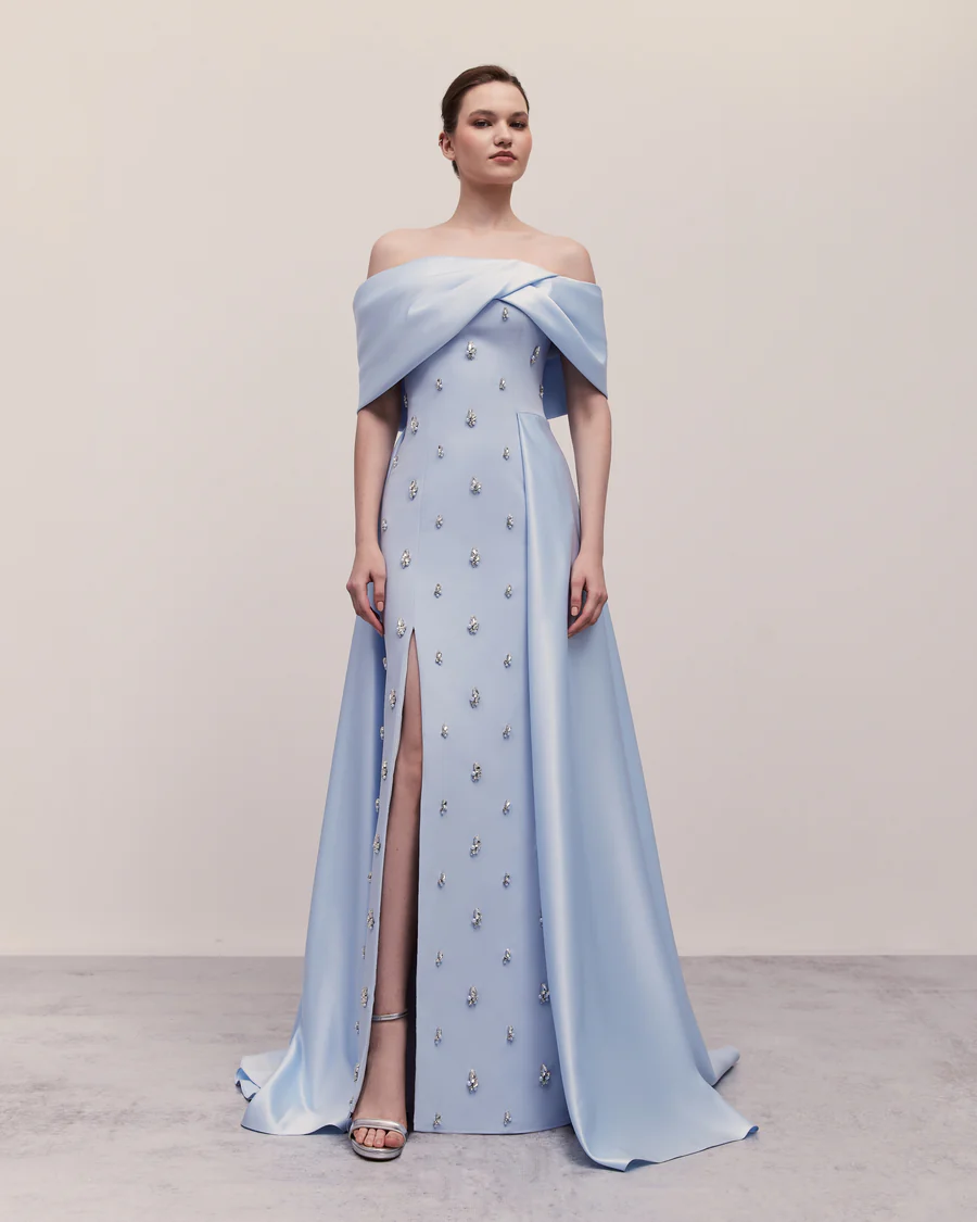 Luxury Blue Beaded High-Slit Evening Dress with Overskirt SF301