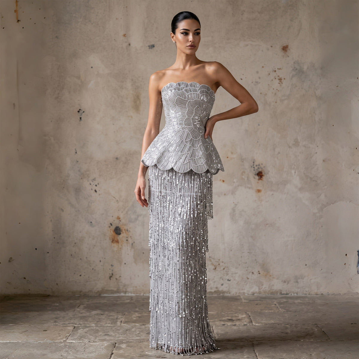 Gray Beaded Tassel Two Pieces Evening Dress SS370