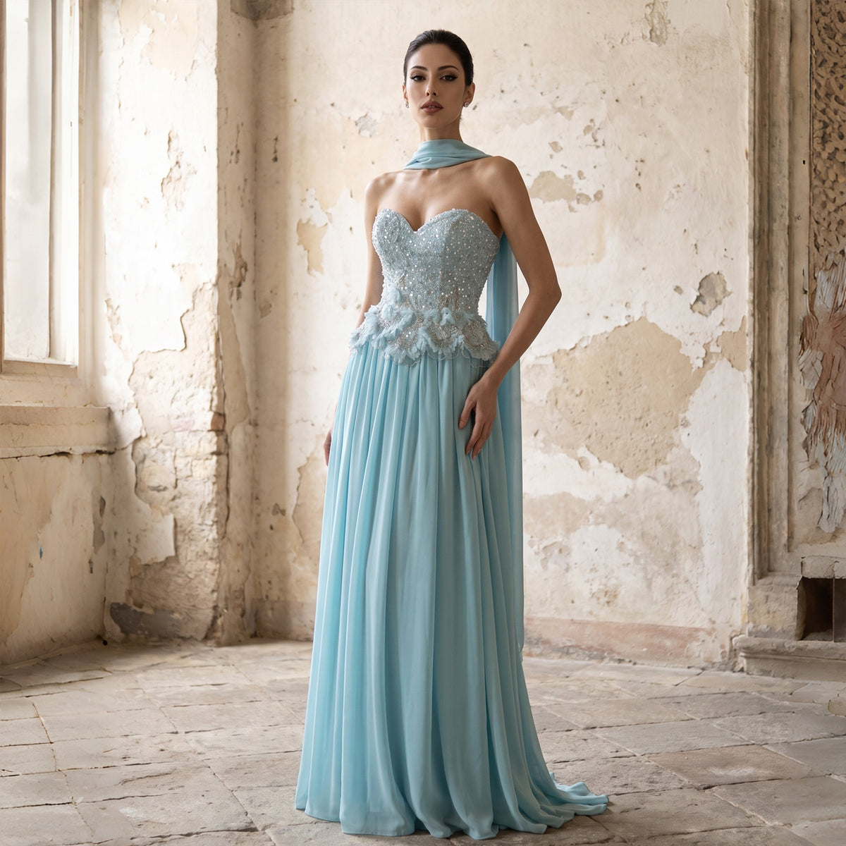 Beaded 3D Flowers Chiffon Evening Dress with Scarf SS274