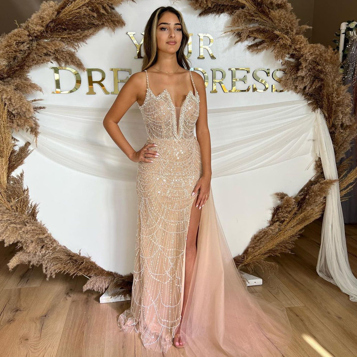 Luxury Champagne Spaghetti Straps Mermaid Evening Dress with Slit SS611