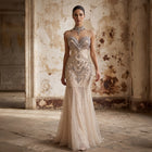 Champagne Cape Sleeve Beaded Mermaid Evening Dress  SS380