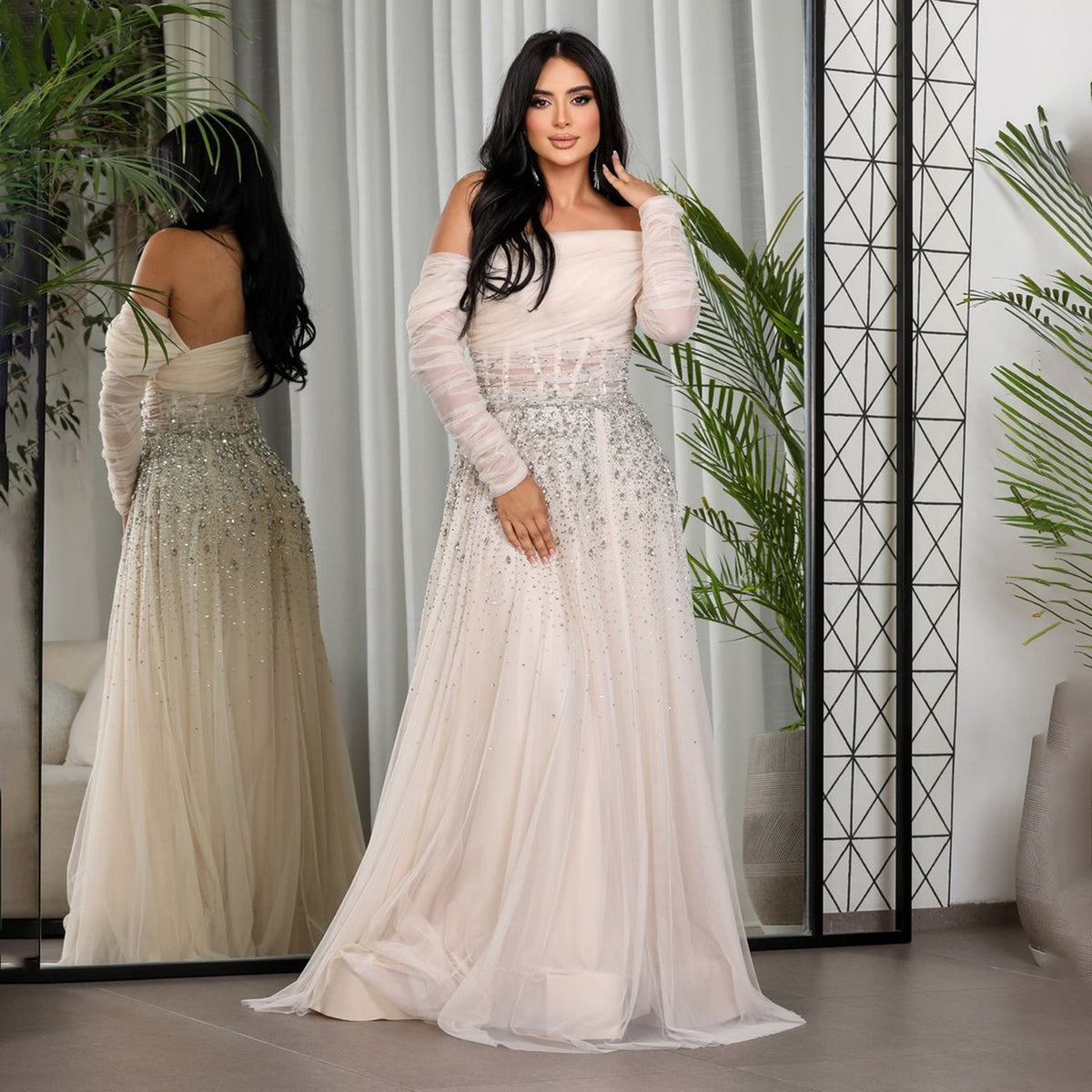 Luxury Crystal Royal Blue Long Sleeves Evening Dress SF333
