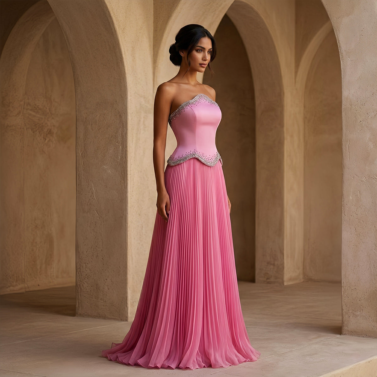 Elegant Pink Strapless Beaded Chiffon Evening Dress SS789