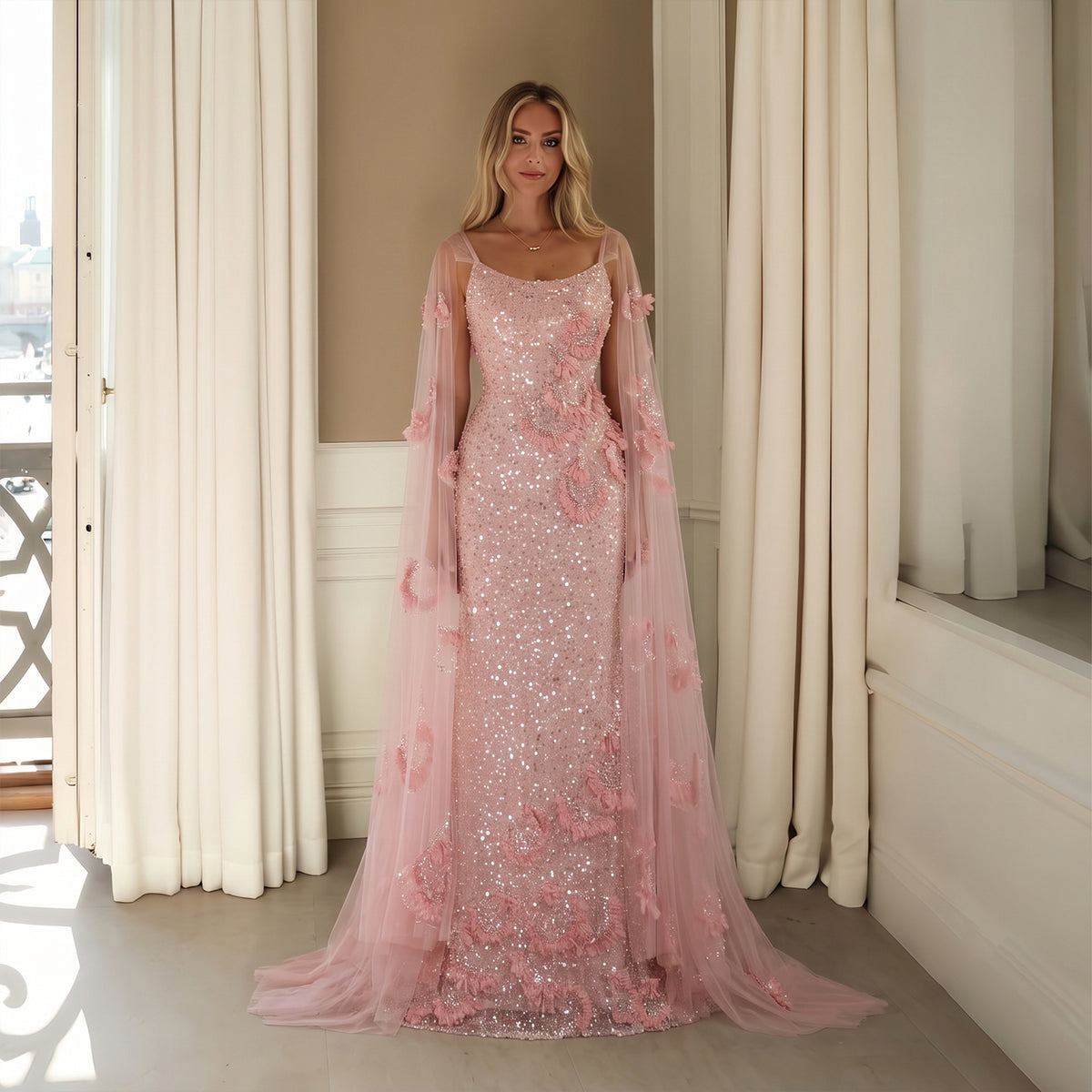 Romantic Pink Spaghetti Strap 3D Floral Cape Sleeve Evening Dress SS472