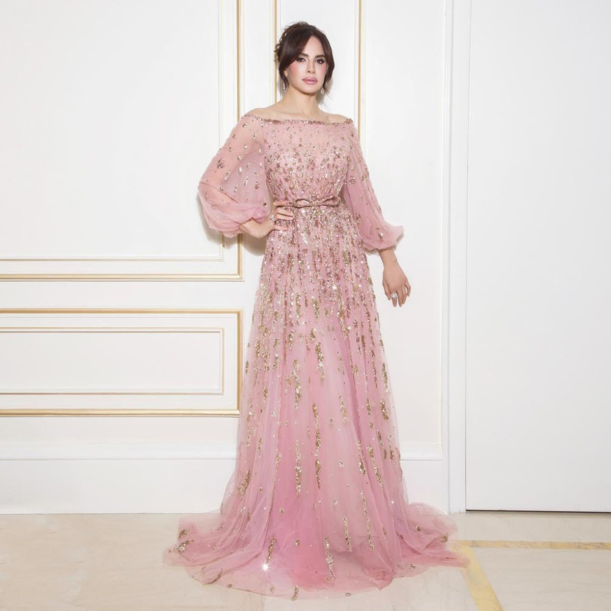 Luxury Pink Beaded Sequin Long Sleeve Evening Dress with Bow SS230