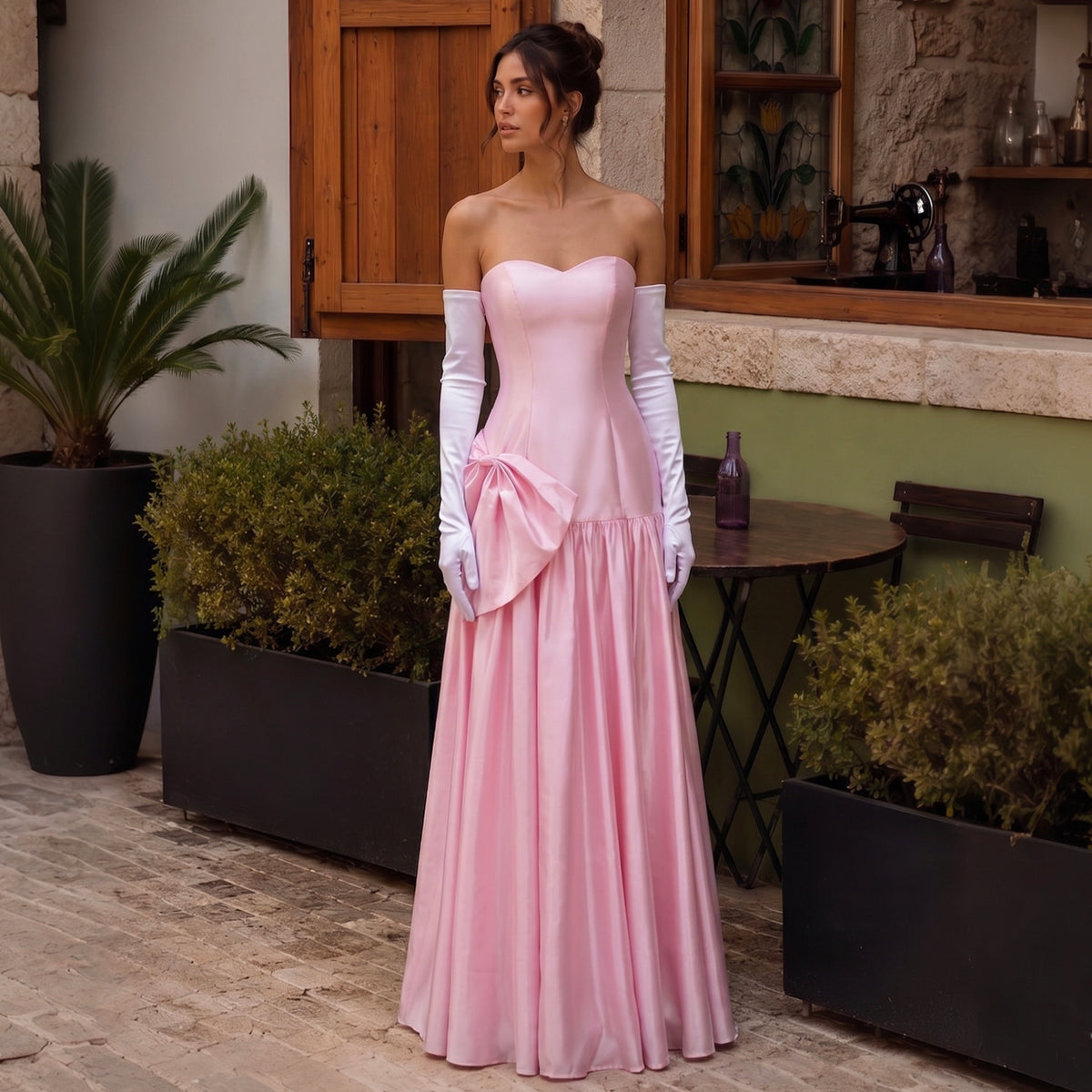 Elegant Pink Off-the-Shoulder Satin A-Line Bow Evening Dress with Gloves SF167