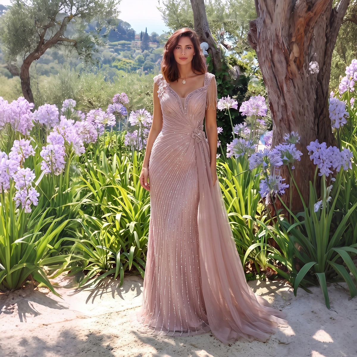 Luxury Pink Beaded V-Neck Long Evening Dresses with overskirt SS103