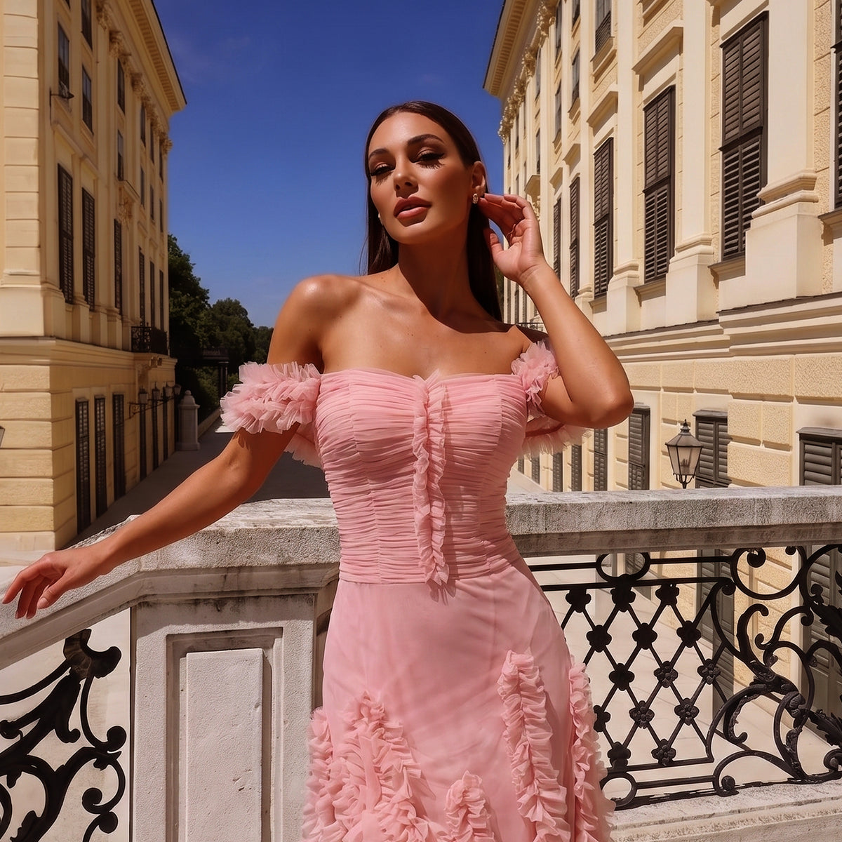 Luxury Pink Allover Frill Mesh Off Shoulder Train Evening Dress SF277