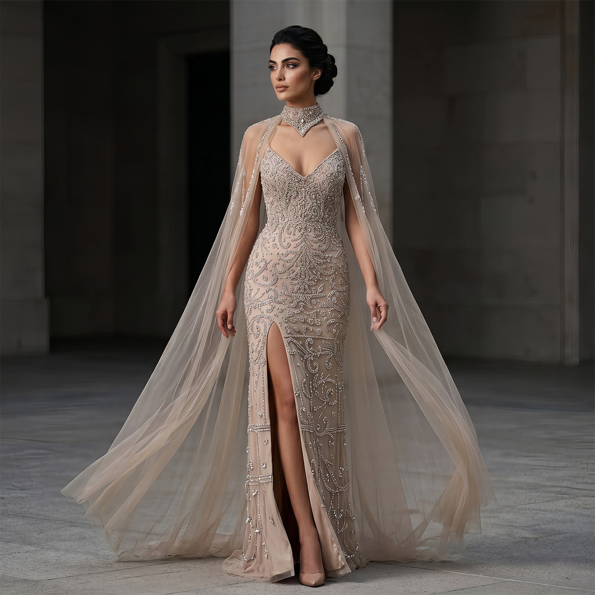 Luxury Champagne High Neck Beaded Mermaid Evening Dress with Cape and Slit SS135