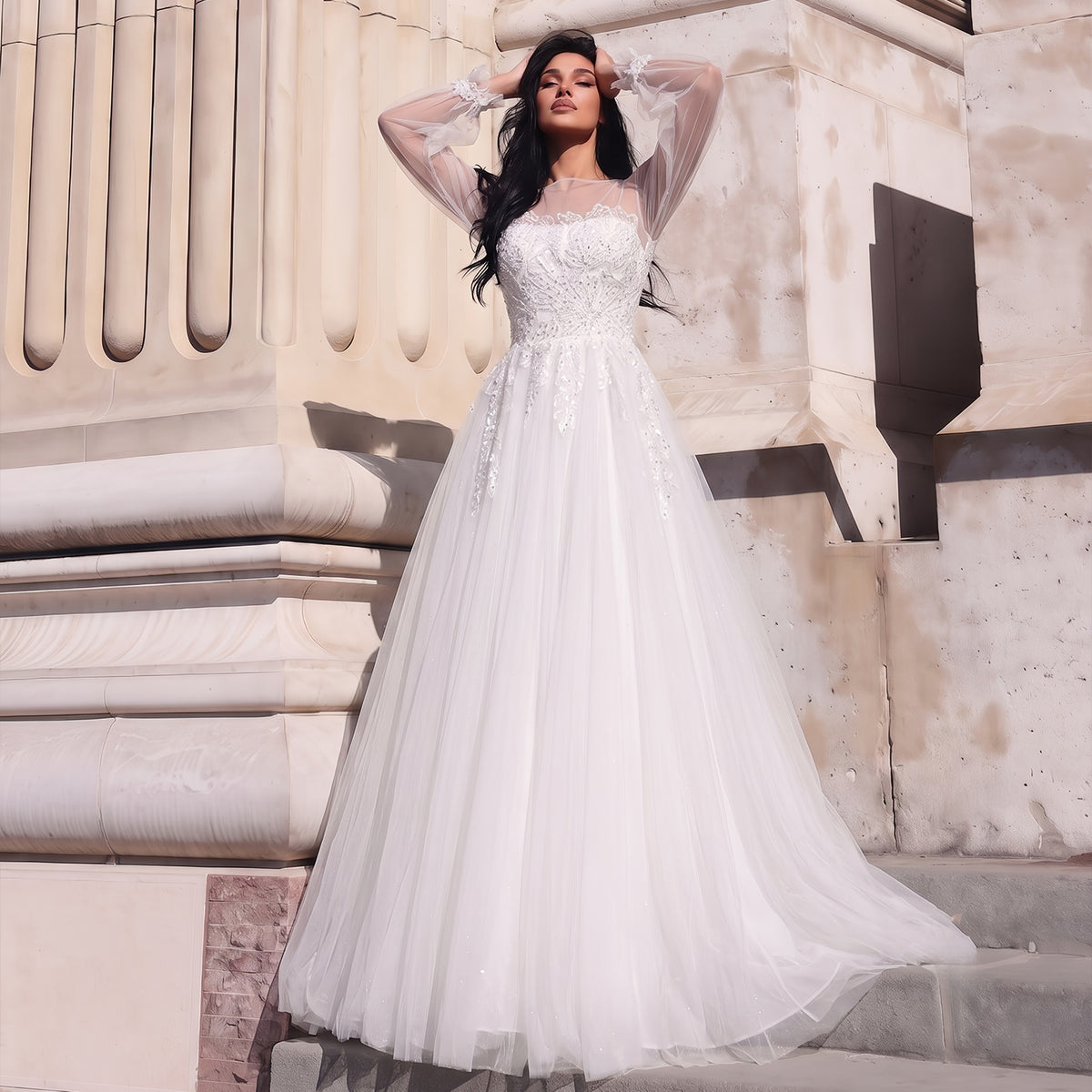 Luxury White Lace Appliqué Tulle Wedding Dress with Long Sheer Sleeves SW713