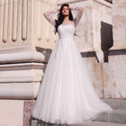 Luxury White Lace Appliqué Tulle Wedding Dress with Long Sheer Sleeves SW713