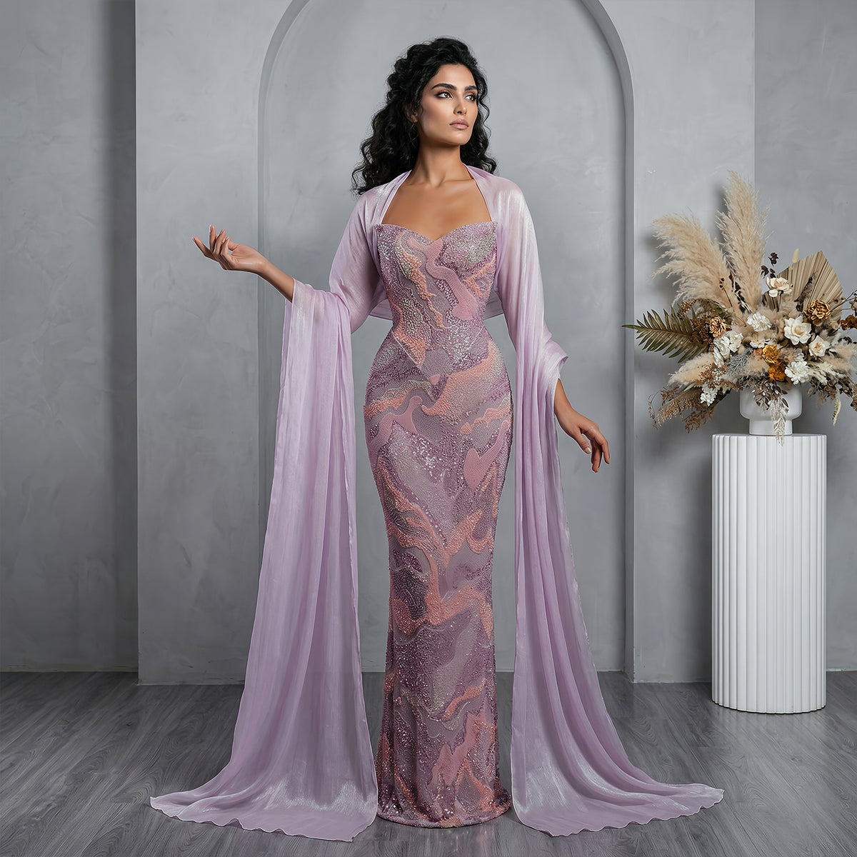 Luxury Pink Crystal Embellished Mermaid Evening Dress with Cape SS658