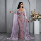 Luxury Pink Crystal Embellished Mermaid Evening Dress with Cape SS658