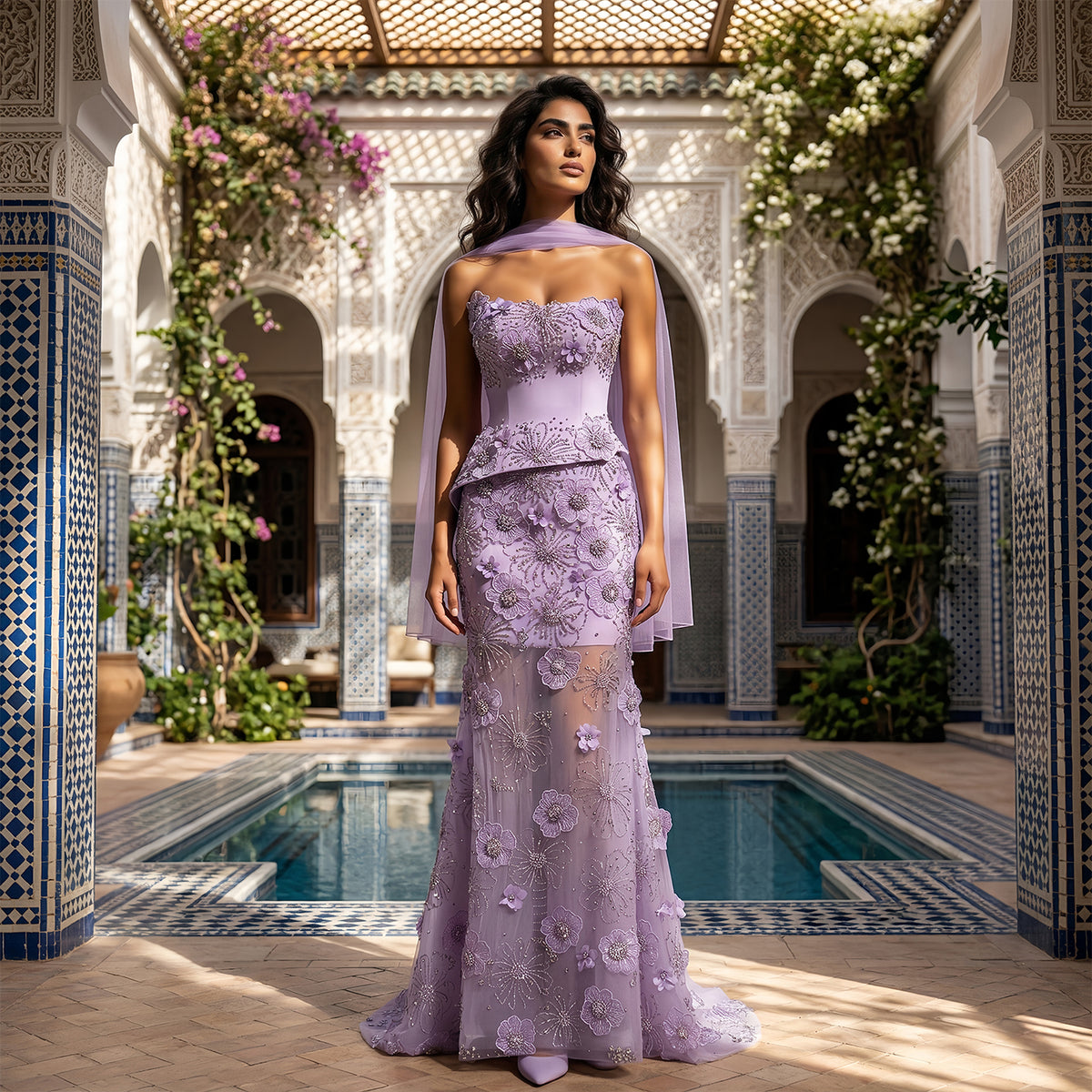 Luxury Lilac 3D Floral Applique Evening Dress with Sheer Tulle and Scarf SS415