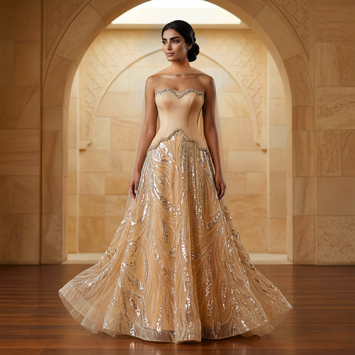 Luxury Champagne Beaded Sequin Evening Dress with Scarf SS132