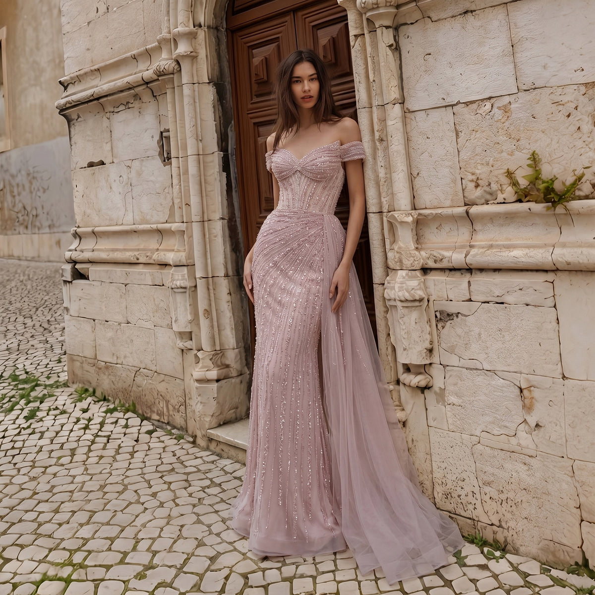 Elegant Pink Off-the-Shoulder Beaded Mermaid Evening Dress SS005
