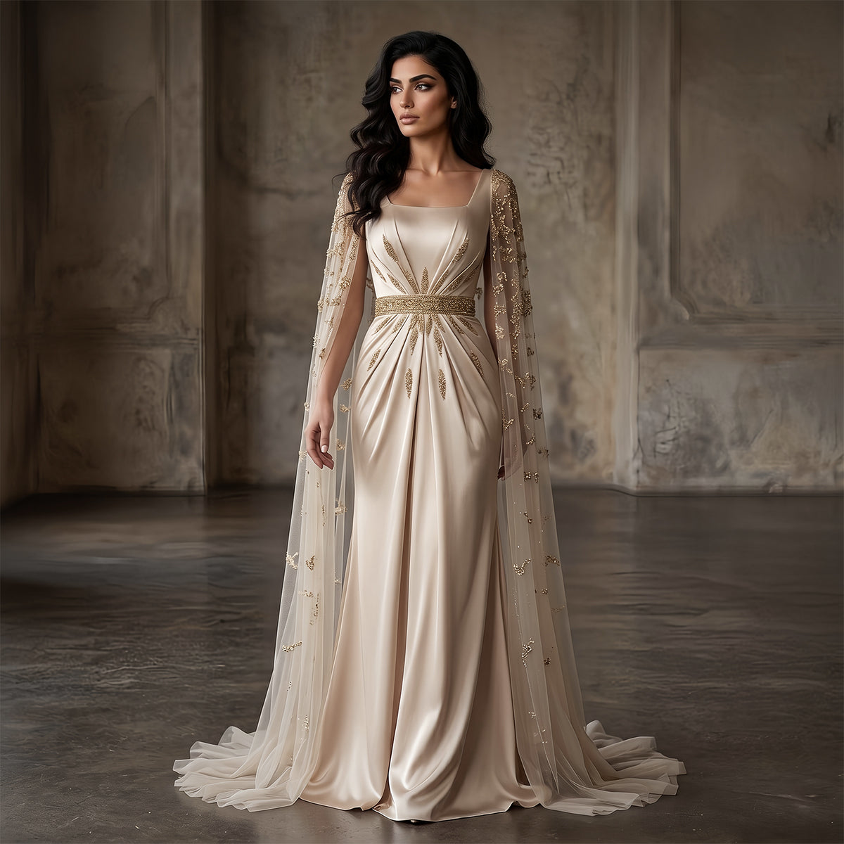 Elegant Champagne Square Neck Beaded Evening Dress with Cape Sleeve SS213