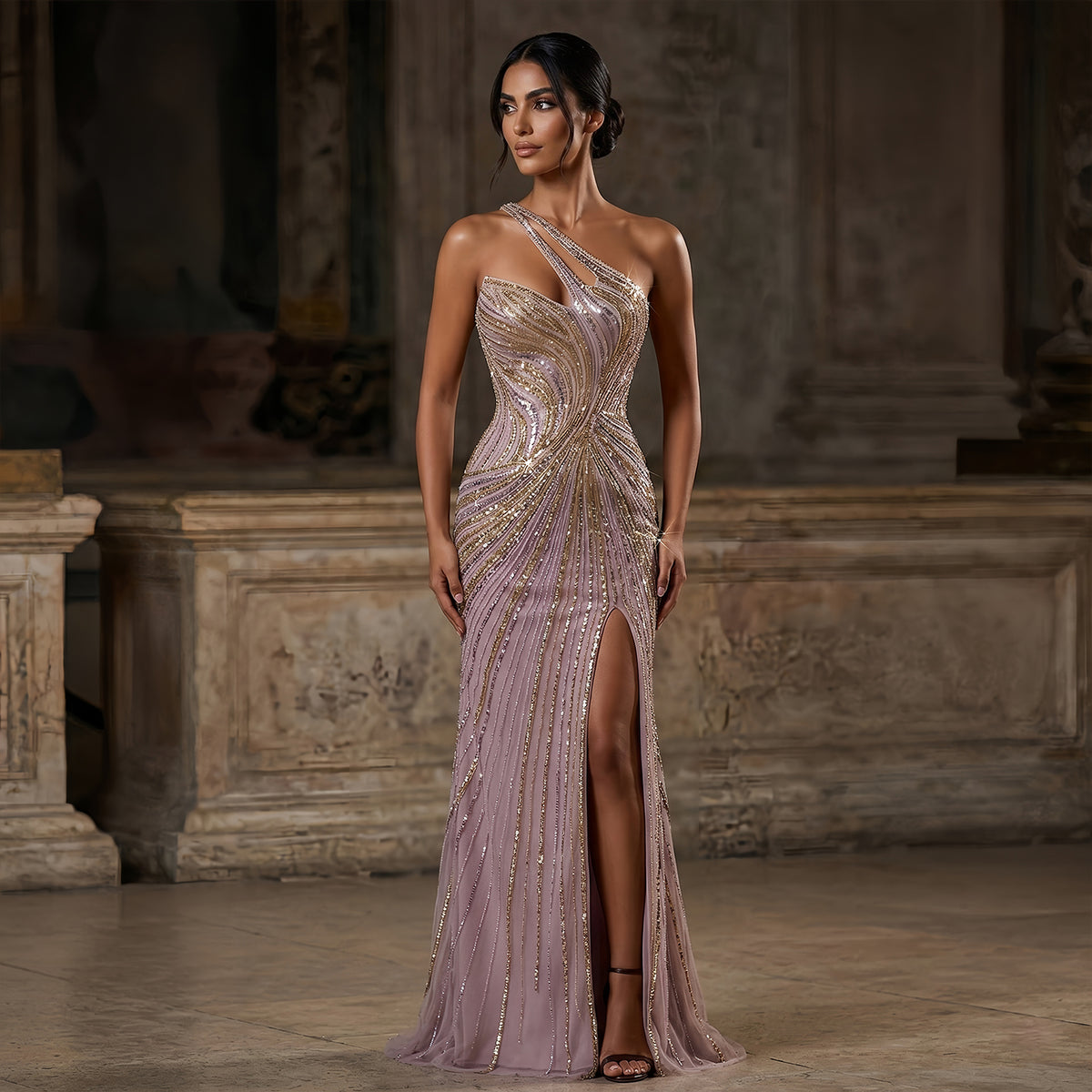 Elegant Gold Crystal Beaded High Slit Mermaid Evening Dress SS153