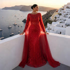 Romantic Pink Full Crystal Beaded Round Neck Tulle Cape Mermaid Floor Evening Dress SS051
