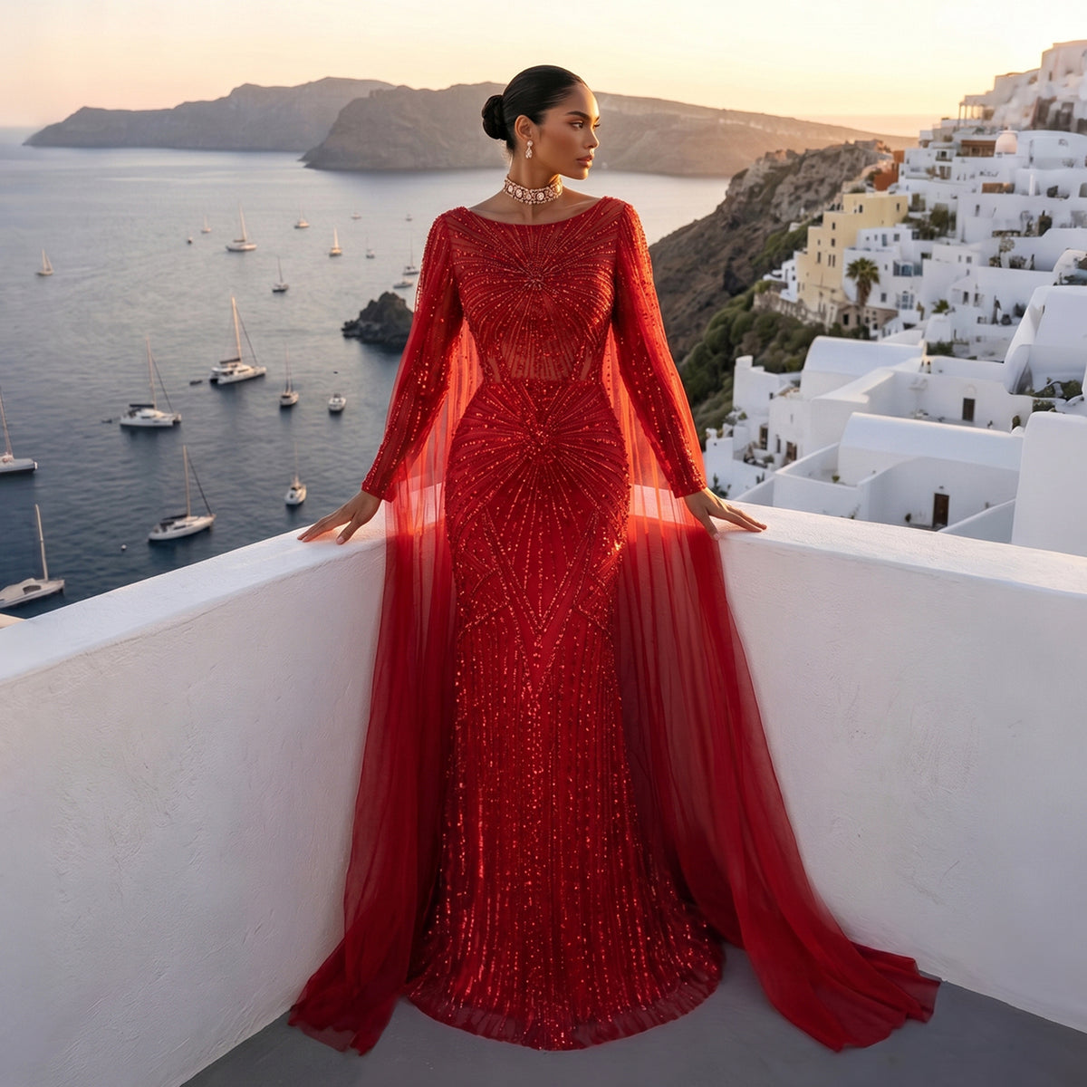 Romantic Pink Full Crystal Beaded Round Neck Tulle Cape Mermaid Floor Evening Dress SS051
