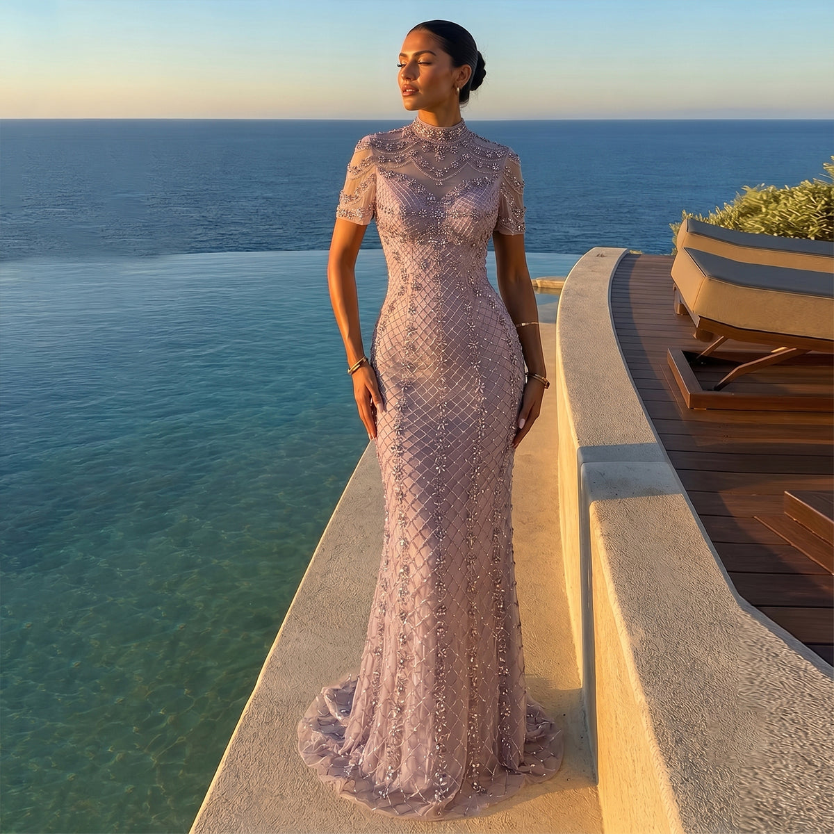 Elegant Pink Short Sleeve Grid Rhinestone Mermaid Evening Dress SS185