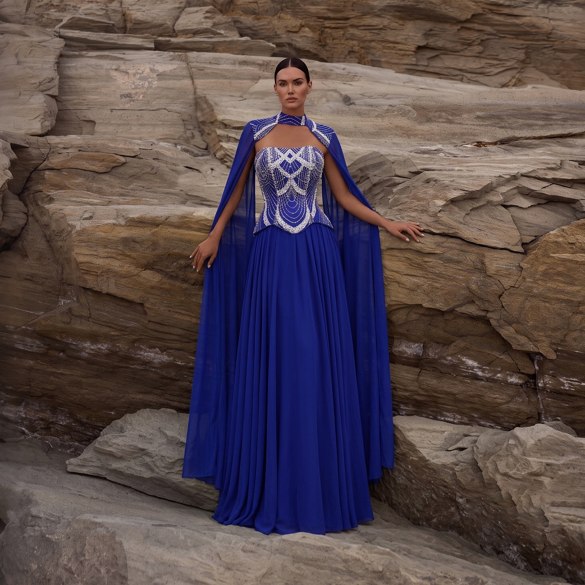 High Neck Blue Beaded Evening Dress with Cape SS757