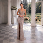 Glamorous Blue Beaded Evening Dress with High Front Slit SS133