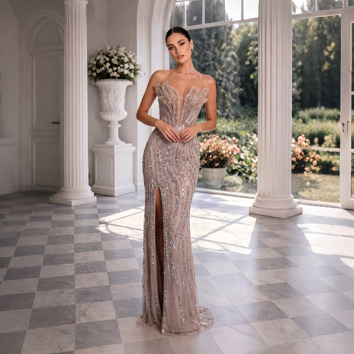 Glamorous Blue Beaded Evening Dress with High Front Slit SS133