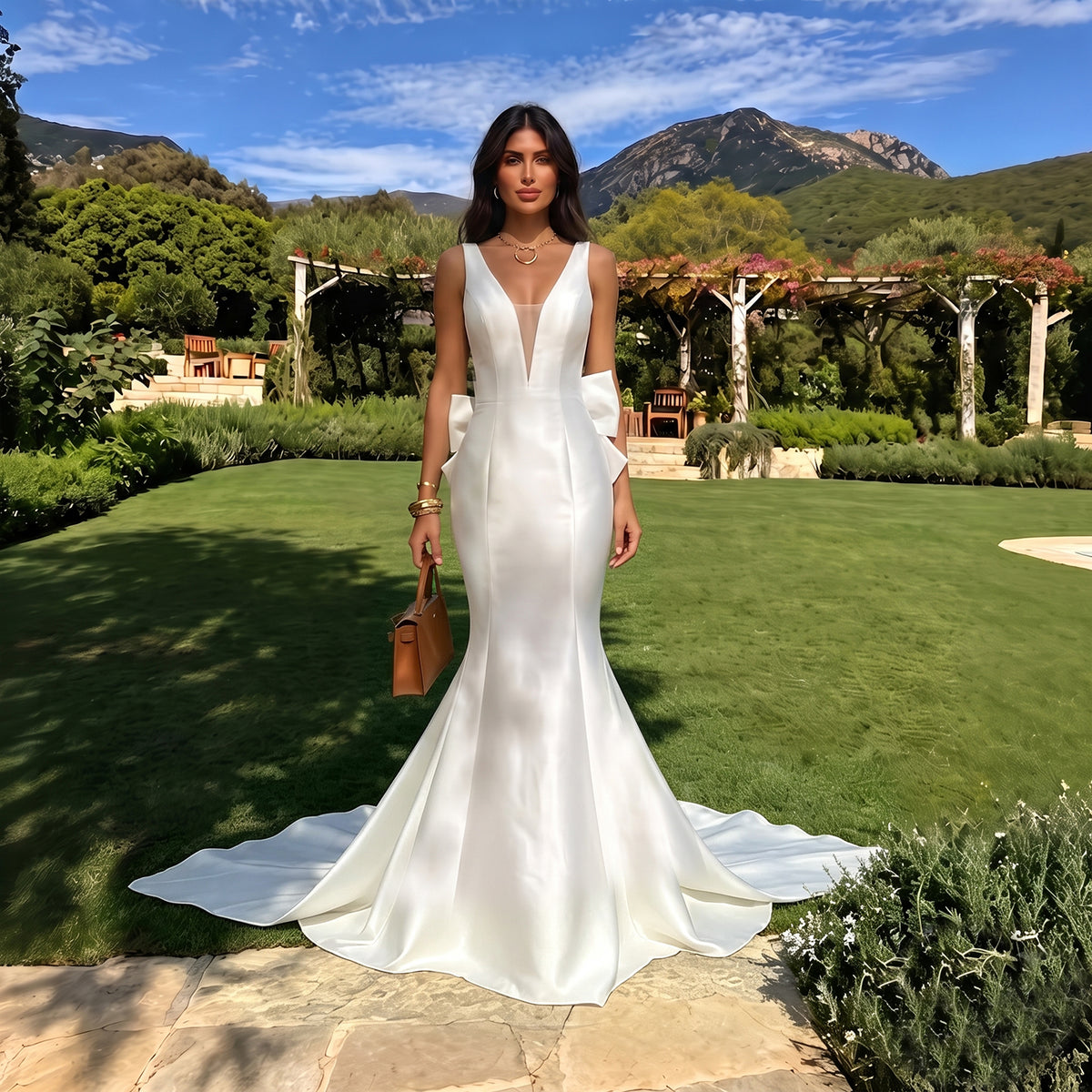 Elegant Oversized Bow V-neck Mermaid Evening Dress SF110
