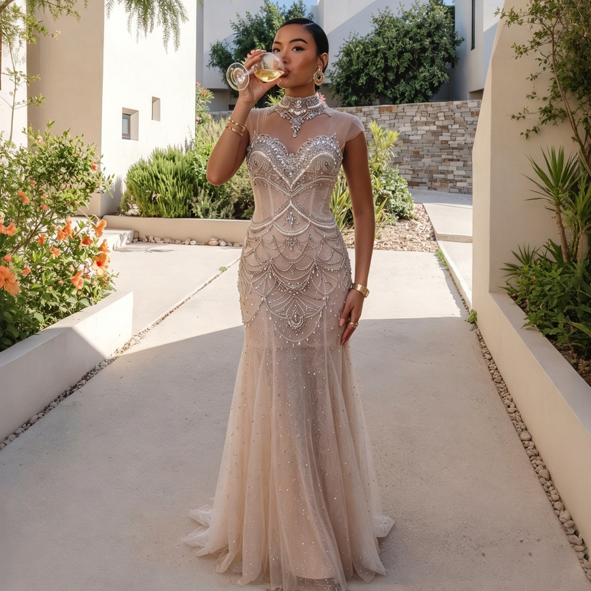 Dreamy Champagne Beaded Evening Dress with Corset Back and Detachable Cap Sleeves SS380