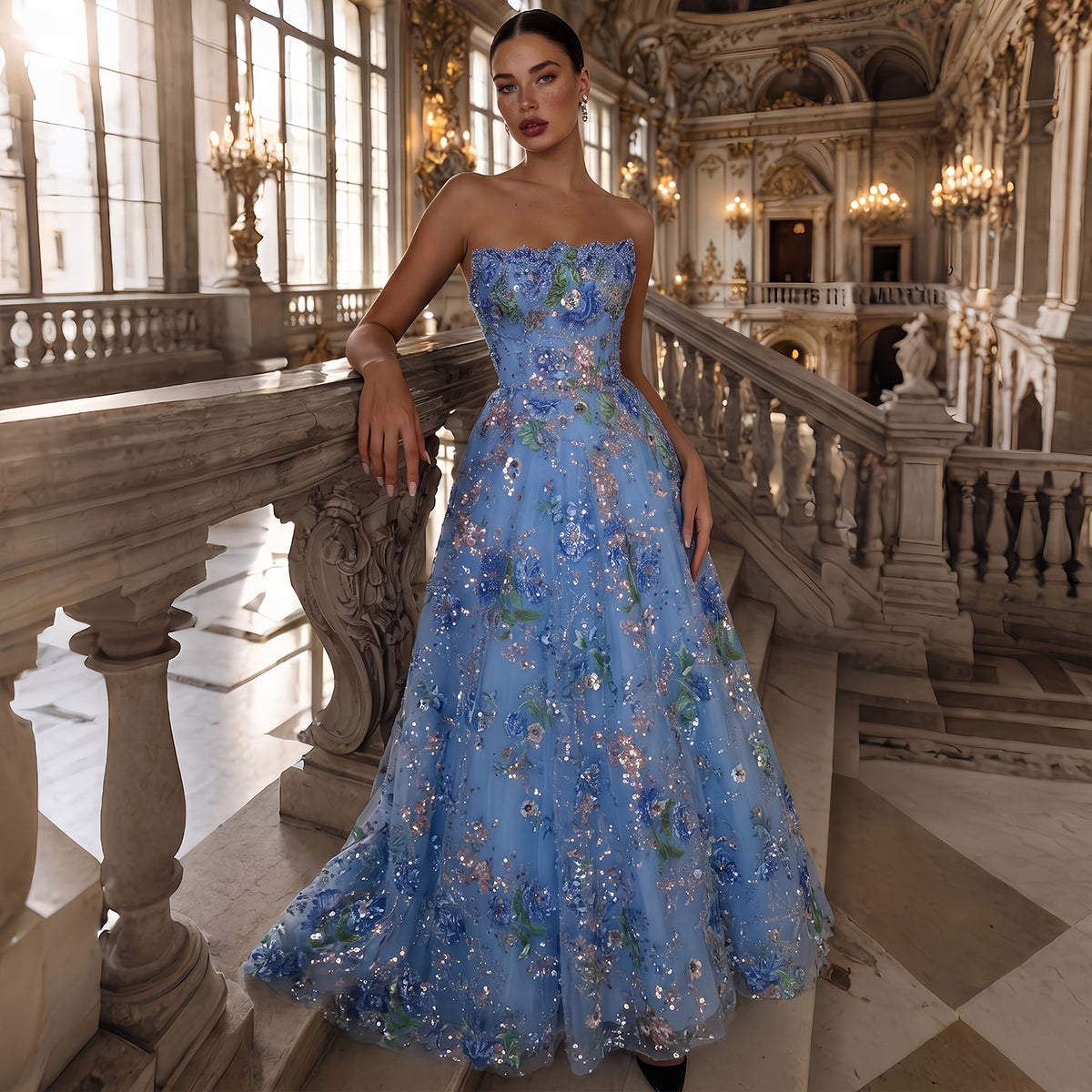 Dreamy Blue Strapless A-Line Floral Evening Dress SS460