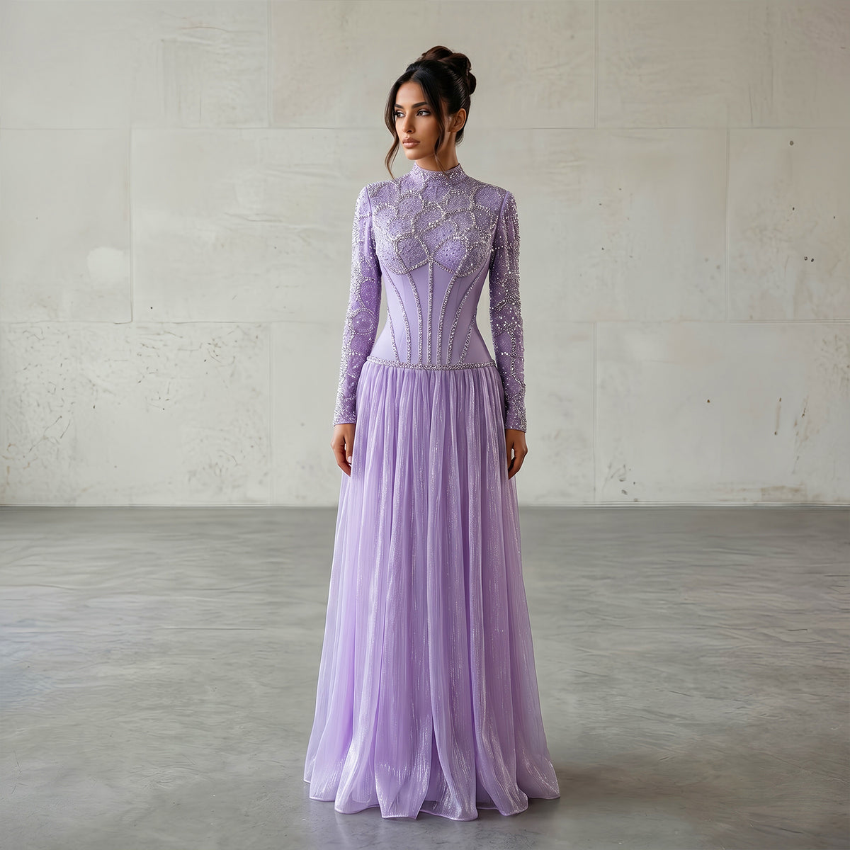 Luxury Lilac High Neck Beaded Long Sleeve Corset Evening Dress SS786