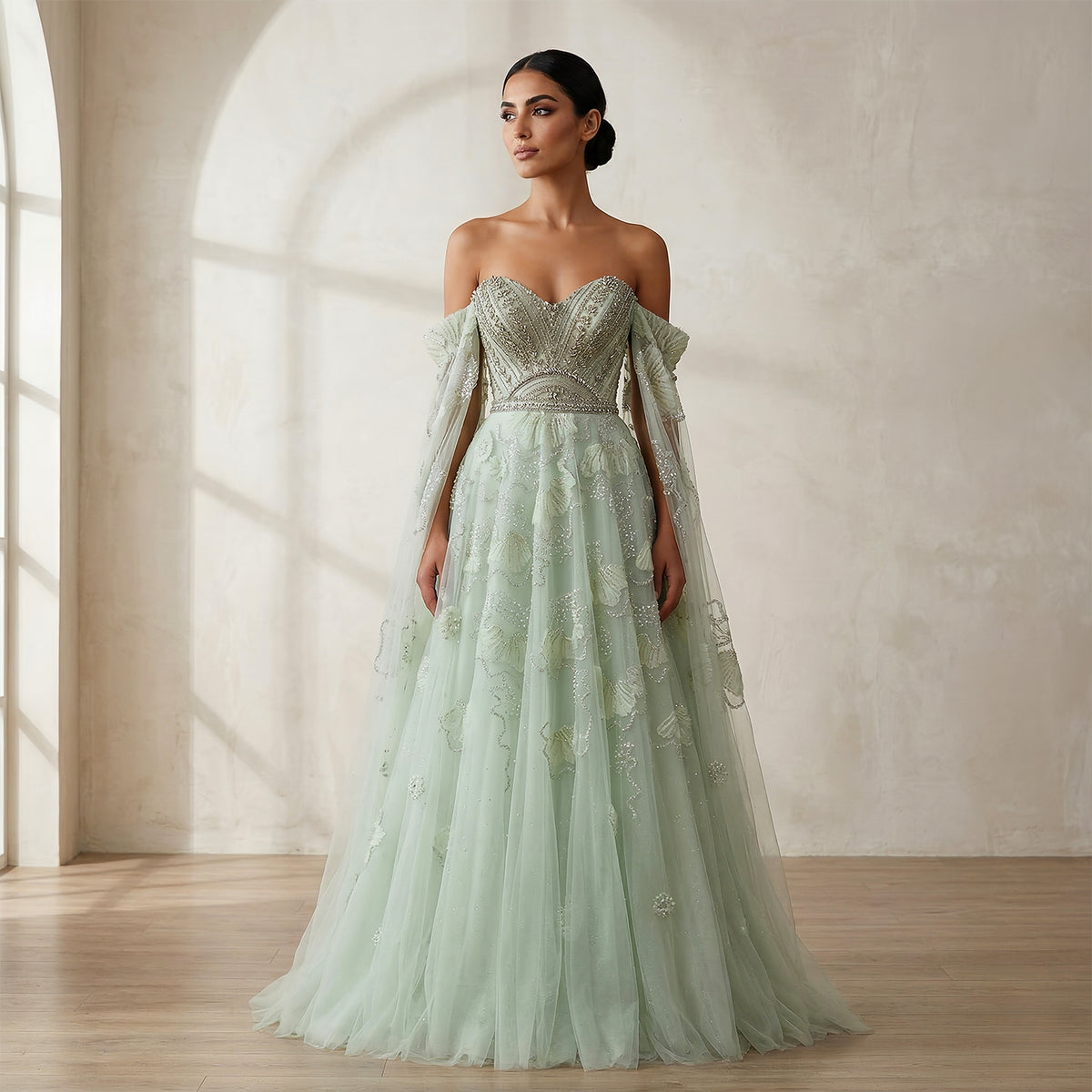 Elegant Sage Green Floral Beaded Off-the-Shoulder Tulle Evening Dress SS754