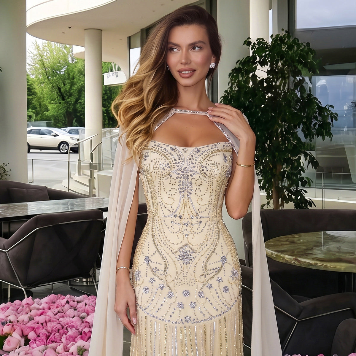 Luxury Yellow Long Sleeve Beaded Sequined Chiffon Evening Dress SS526