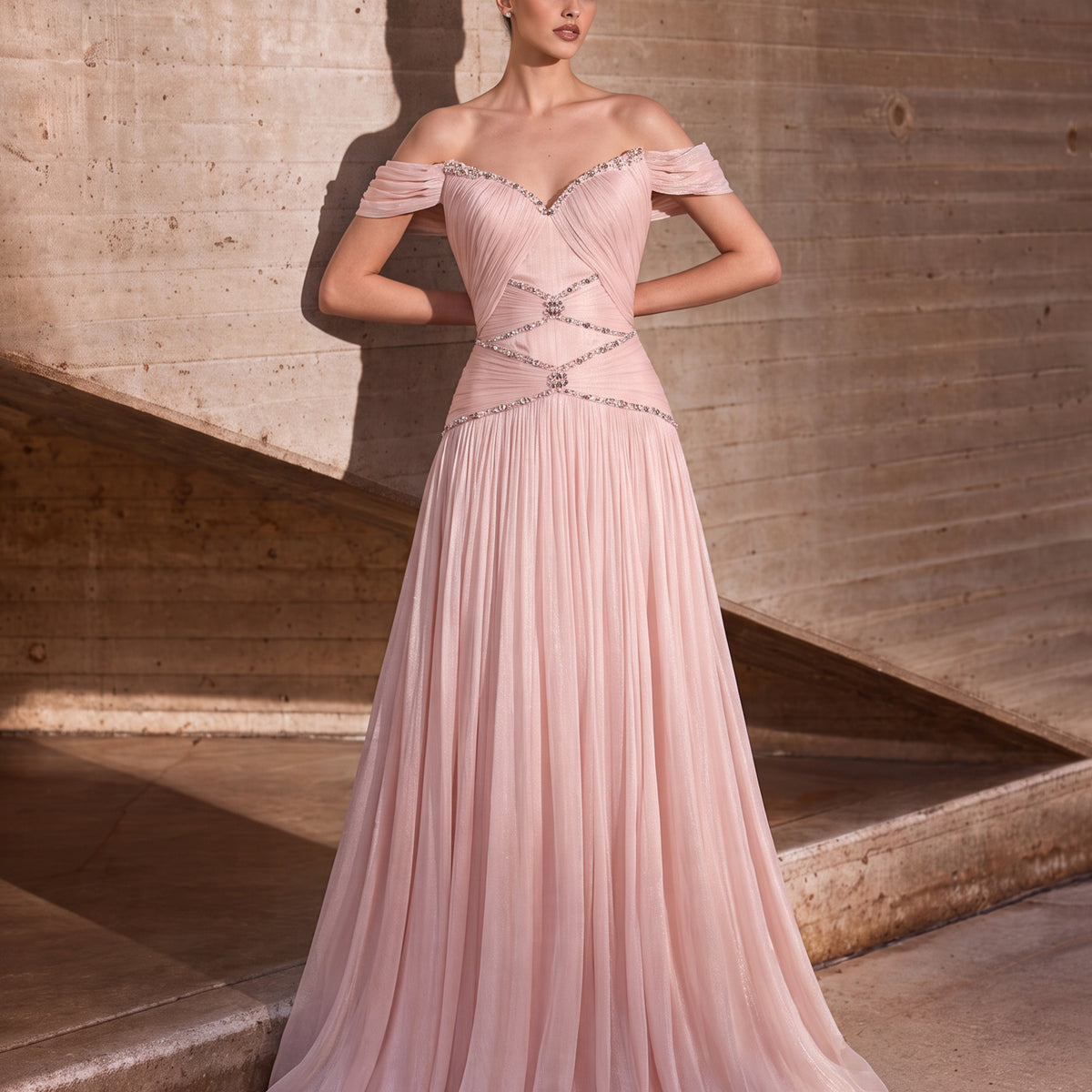 Peach Off Shoulder Rhinestone Beaded Chiffon Evening Dress – Sharon Said
