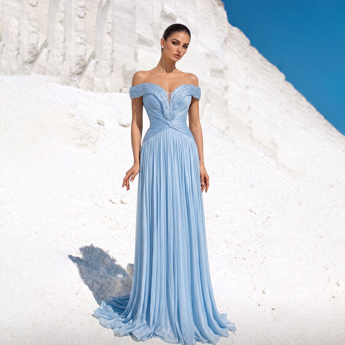 Blue A-Line Off Shoulder Crystal Evening Dress SF407