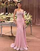 Pink Strapless Beaded Mermaid Evening Dress with Front Slit