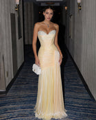 Yellow Strapless Crystal Split Mermaid Evening Dress