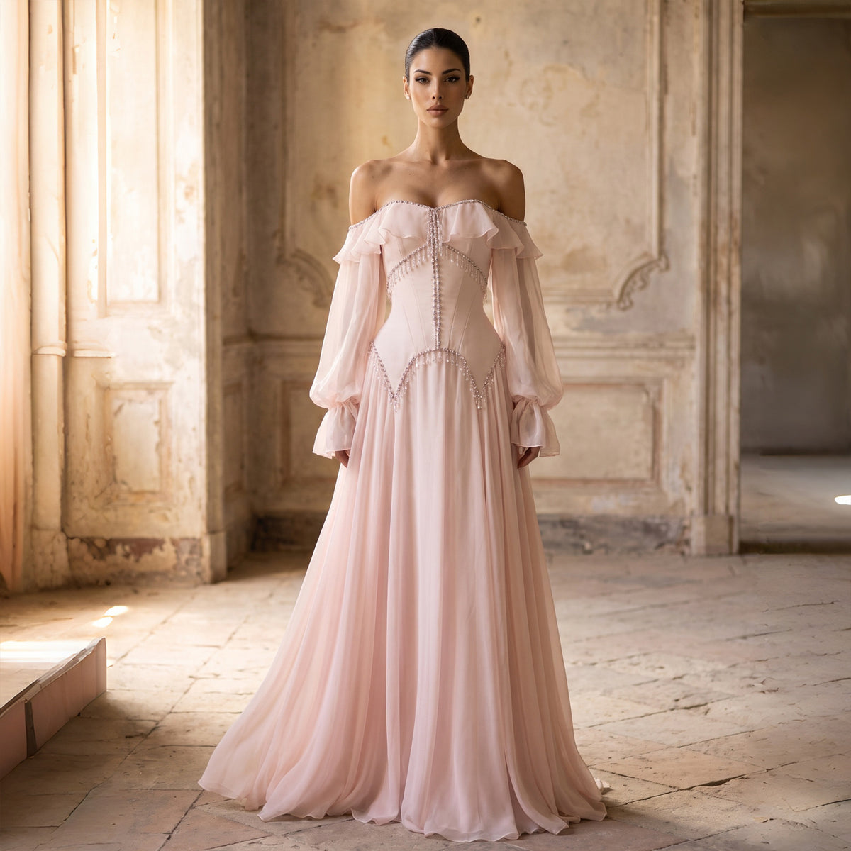 Pink Off Shoulder Long Sleeve Chiffon Evening Dress SS412
