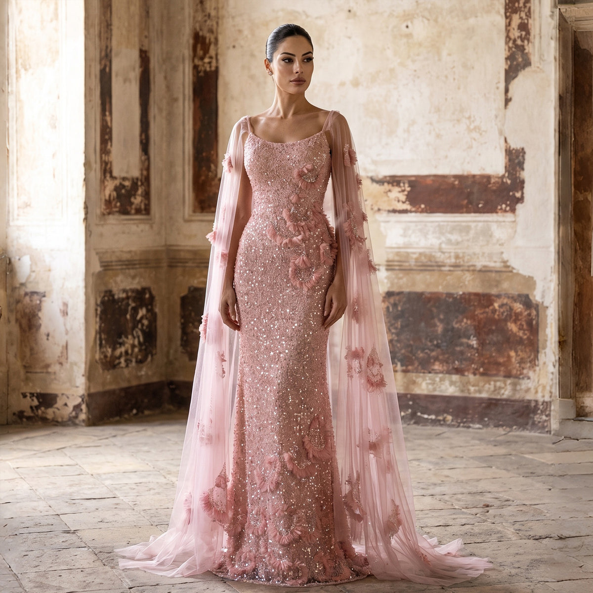 Pink 3D Floral Cape Sleeve Evening Dress SS472