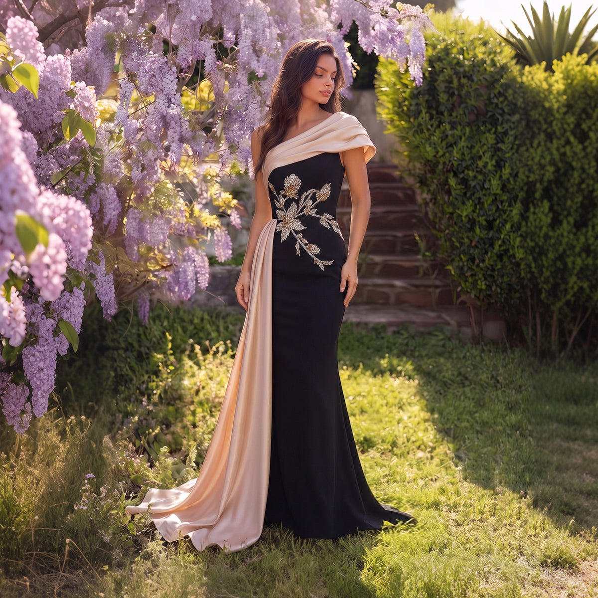 Elegant Satin 3D Floral Embroidery One-Shoulder  Evening Dress SF414