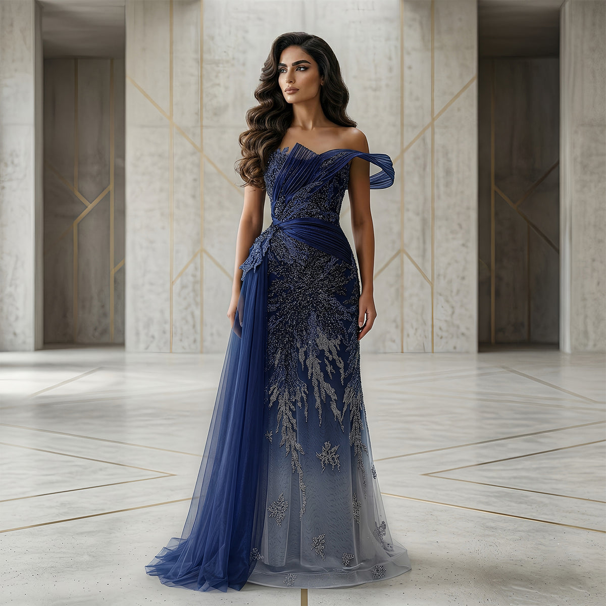 Elegant Gradient Blue Draped Beaded Evening Dress with Overskirt SS293
