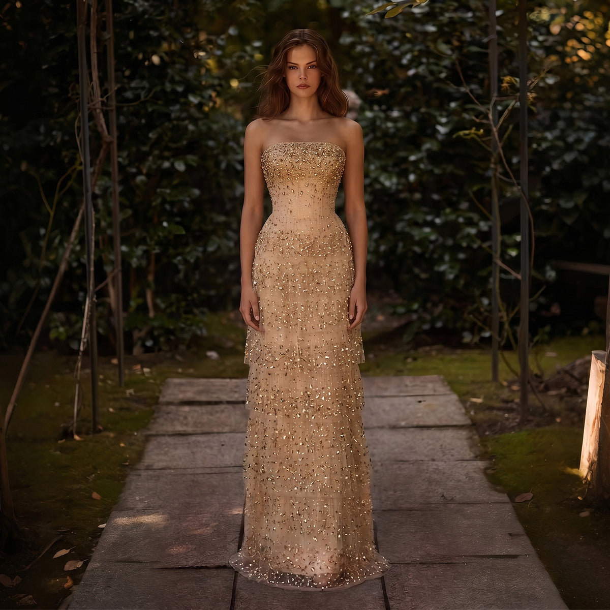 Glamorous Champagne Crystal Strapless Sheath Evening Dress SS720