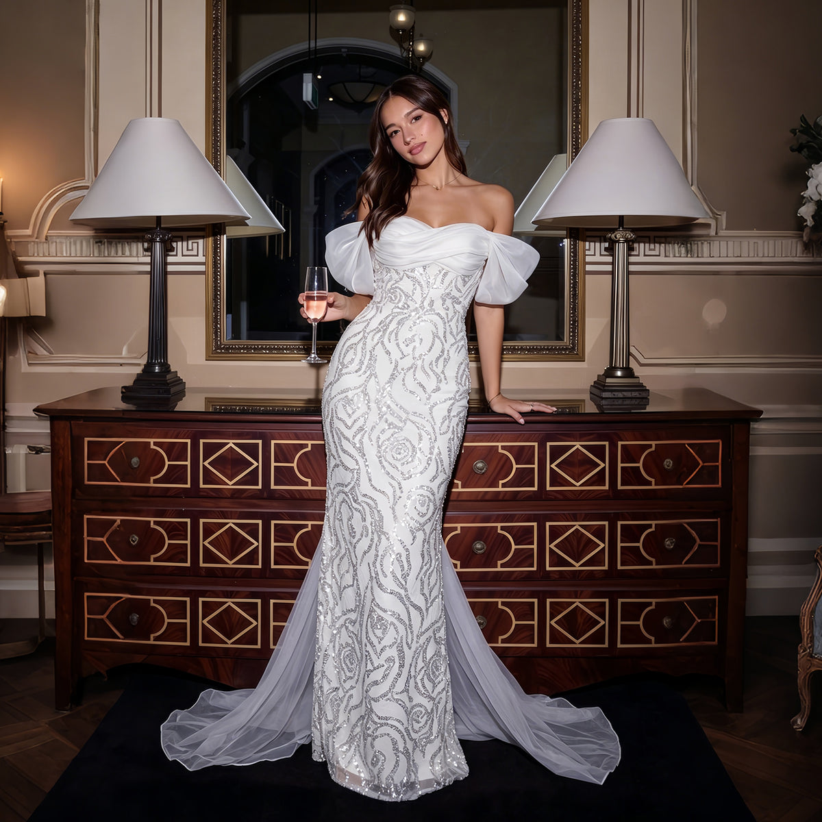 Luxury White Beaded Mermaid Evening Dress with Off-Shoulder Chiffon Neckline SS636