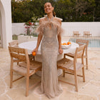 Glamorous Blush Pink Halter Neck Evening Dress with Feather Trim and All-Over Beading SS124