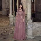 Glamorous Blue Vertical Rhinestone Sequin One Shoulder Chiffon Cape Formal Evening Dress SS052