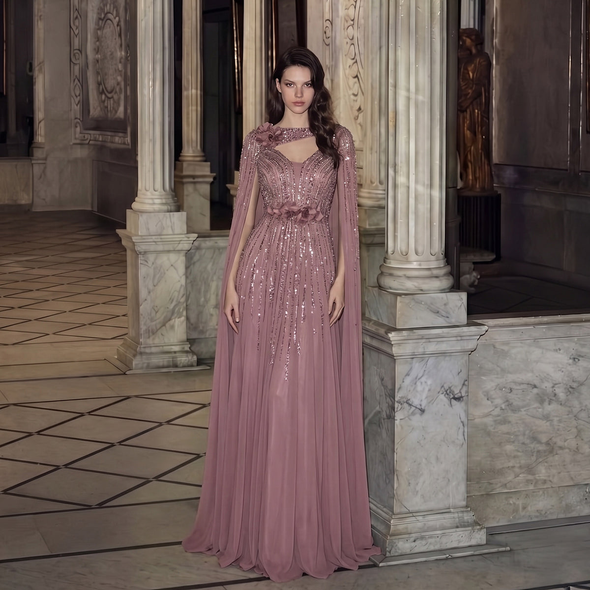Glamorous Blue Vertical Rhinestone Sequin One Shoulder Chiffon Cape Formal Evening Dress SS052