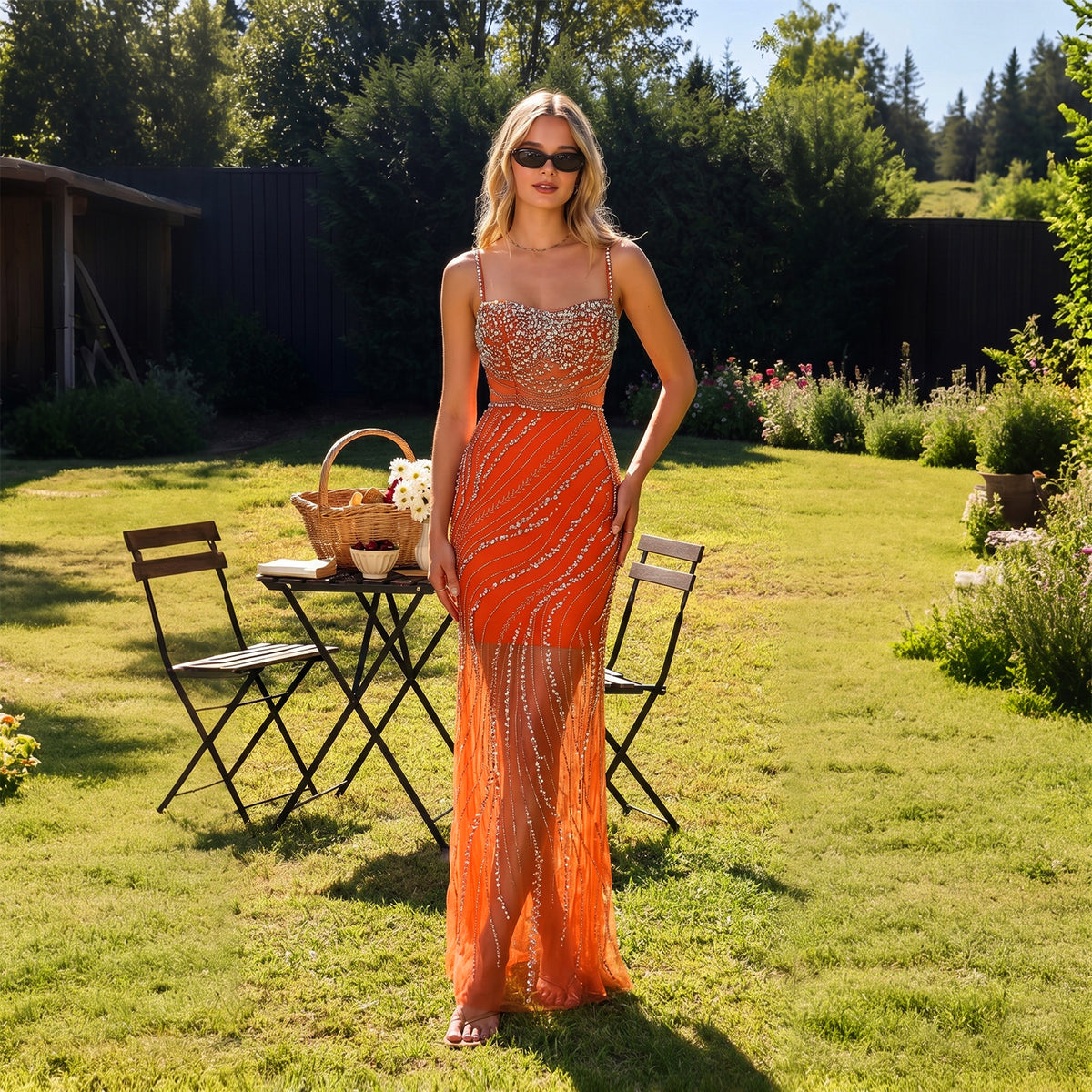 Luxury Beaded Orange Spaghetti Straps Mermaid Evening Dresses SS351