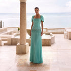 Luxury Aqua Square Neck Crystal Beaded Fringe Tassel Column Evening Dress SS292